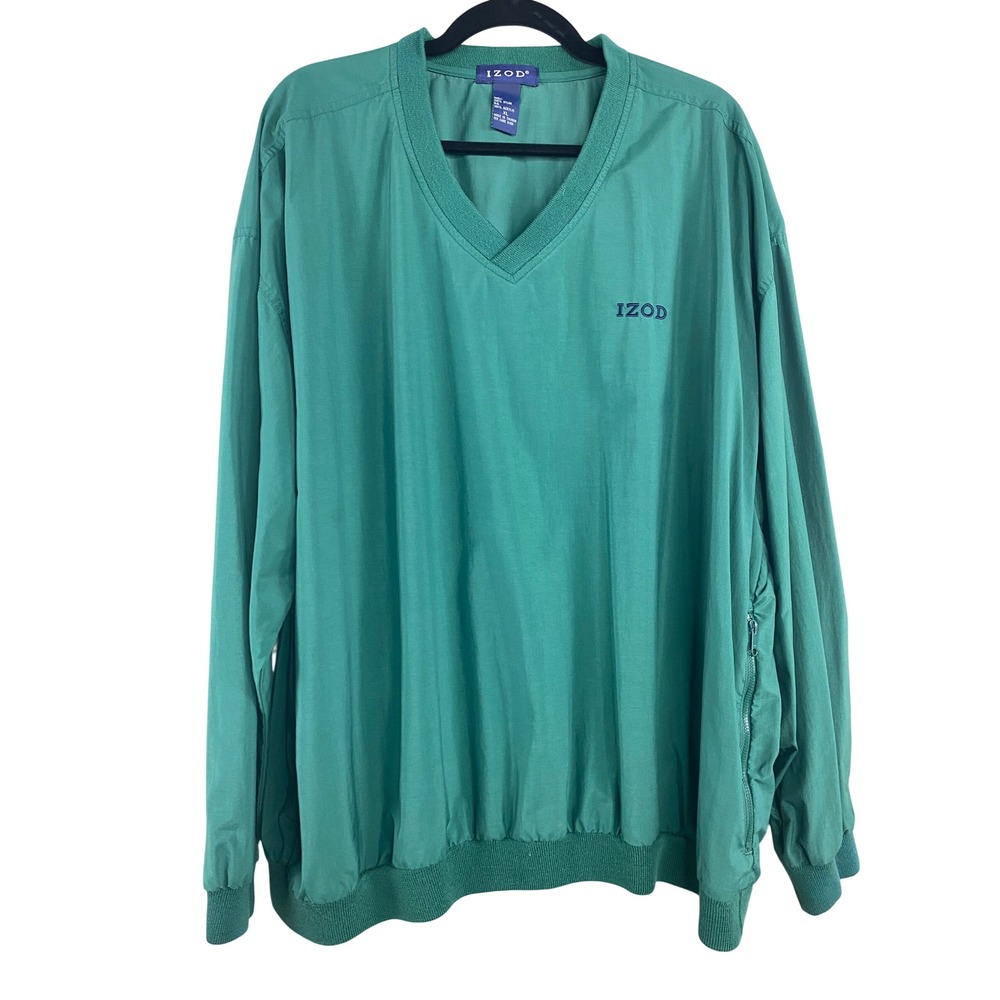 VTG IZOD Mens Windbreaker XL Green V-Neck Pullover Golf Windshirt 90's Pockets